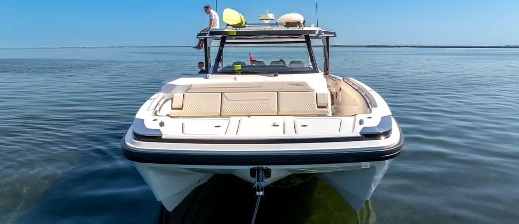 Bow of the Aquila 45 Sport on the water