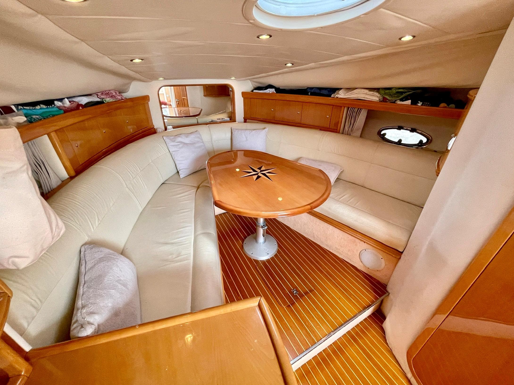 Interior of a 2003 Windy Bora 40 yacht with elegant leather seating.