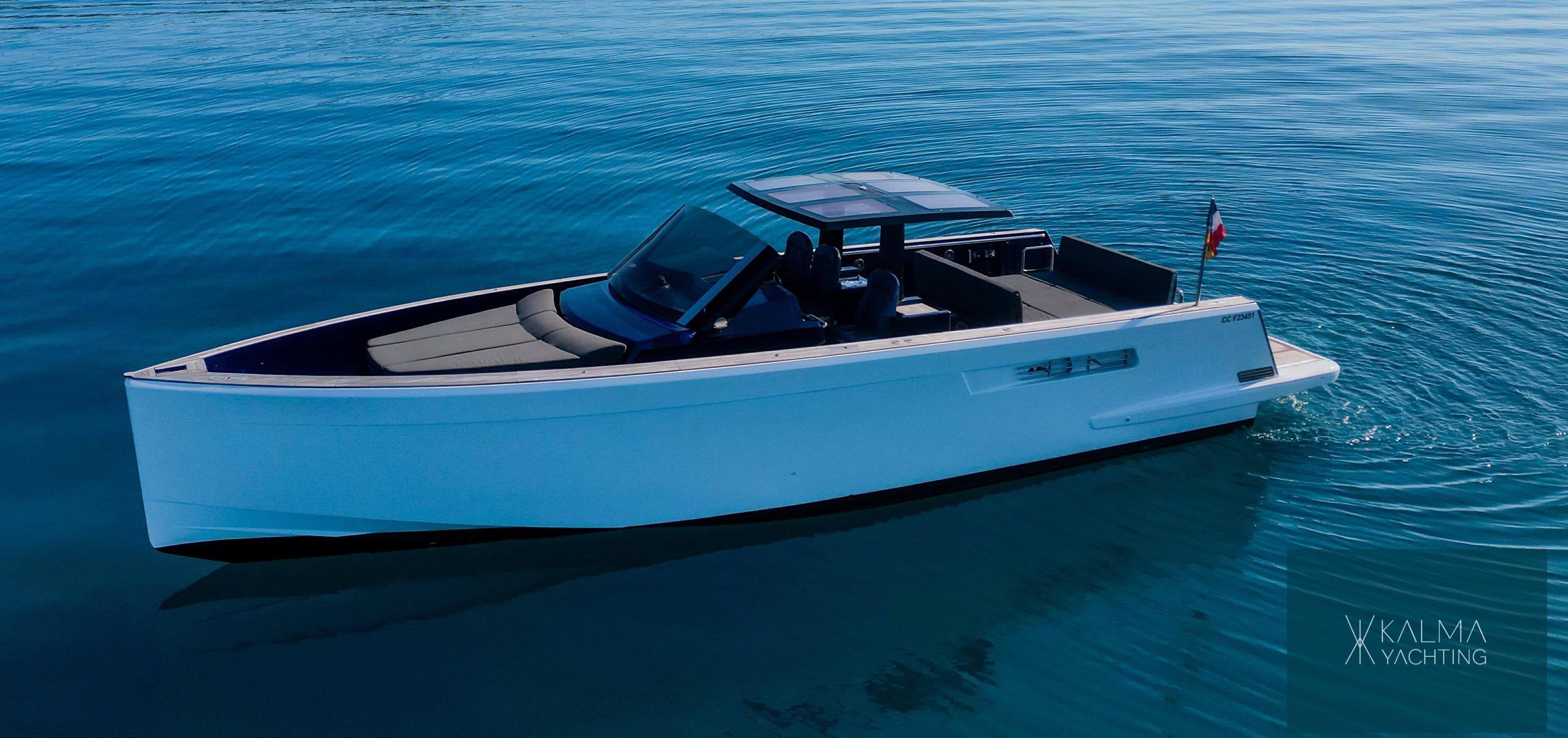 Fjord 40 Open 2008 on calm water, sleek design.