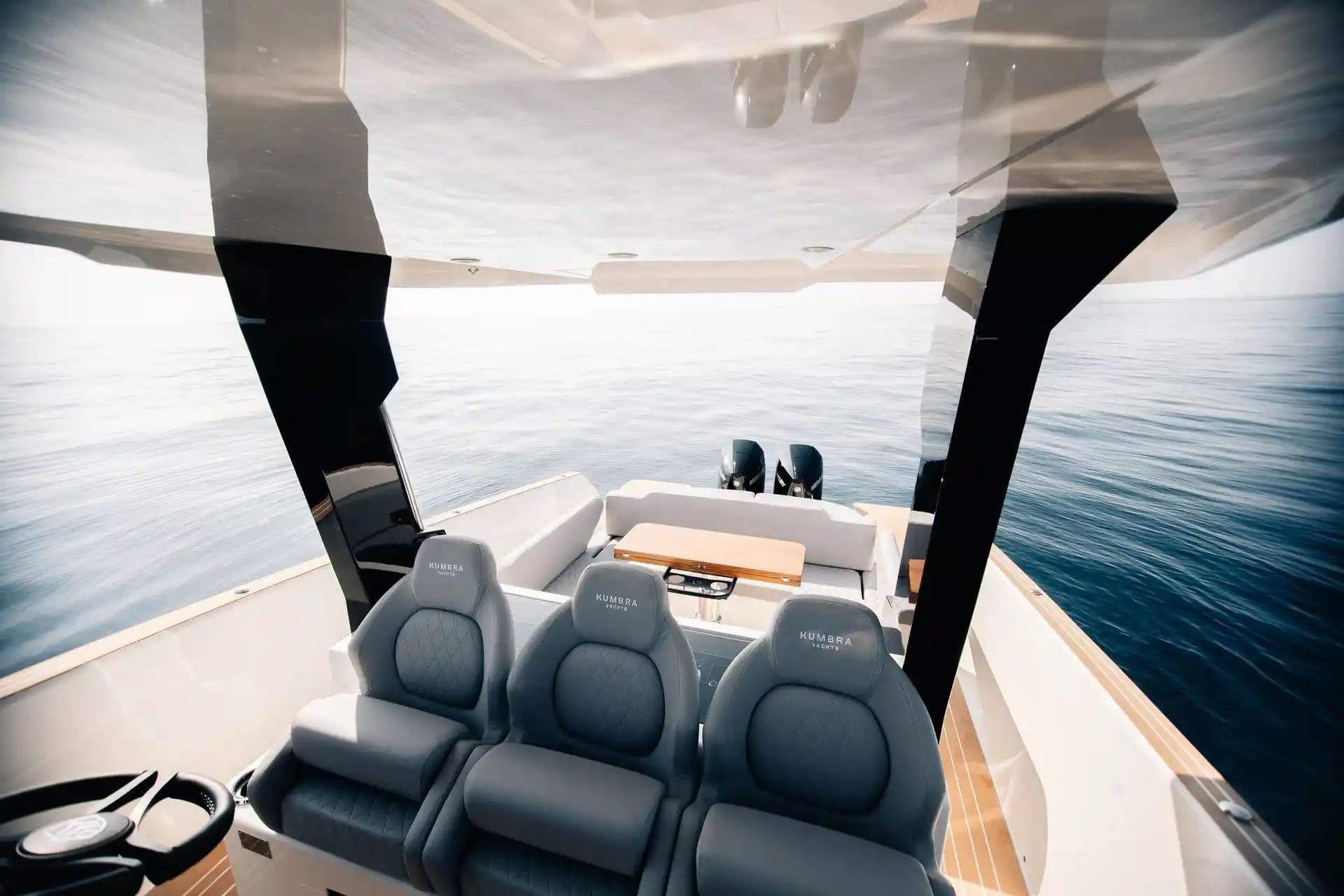 Modern Kumbra 36 yacht interior, 2026 model, featuring sleek design and ocean view.