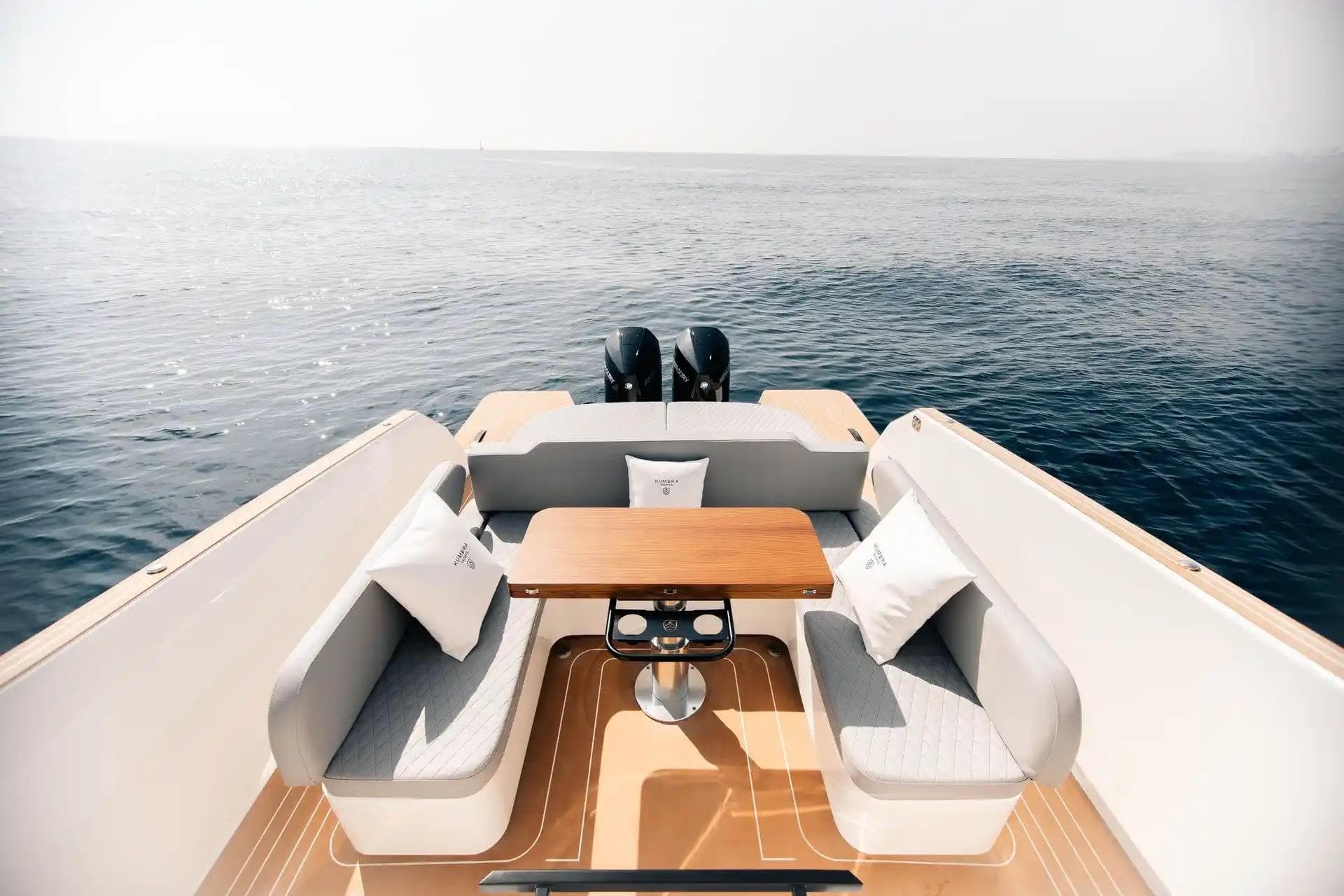 Luxurious Kumbra 36 boat interior, 2026 model, with elegant seating and ocean view.
