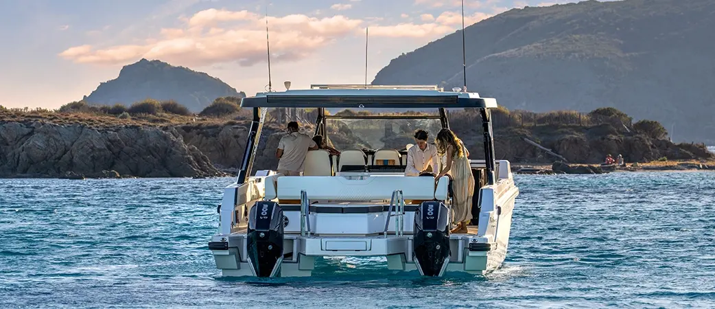 Stern of the Aquila 35 Sport with its outboard engines