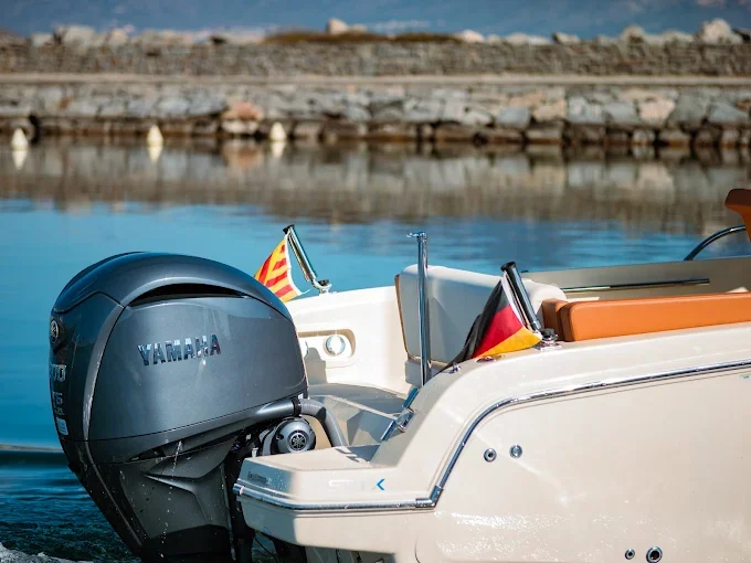 Close-up of an outboard engine in the harbour