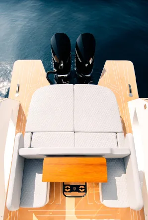 Kumbra 34 stern seen from above with the sundeck and engines