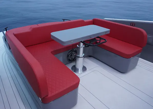 U-shaped dining area with table in the Kumbra 36 cockpit